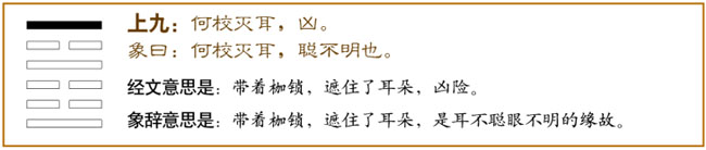 上九：何校灭耳，凶。