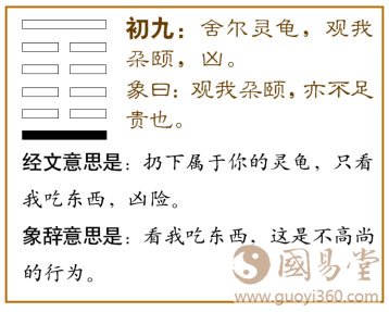 颐卦第一爻，爻辞：初九：舍尔灵龟，观我朵颐，凶。