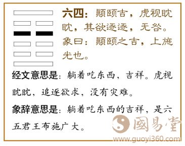 颐卦第四爻，爻辞：六四：颠颐，吉；虎视眈眈，其欲逐逐，无咎。
