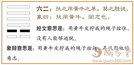 遁卦第二爻，爻辞：六二：执之用黄牛之革，莫之胜说。