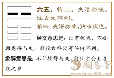晋卦第五爻，爻辞：六五：悔亡，失得勿恤；往吉，无不利。