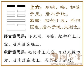 明夷卦第六爻，爻辞：上六：不明，晦；初登于天，后入于地。