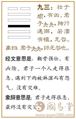 夬卦第三爻，爻辞：九三：壮于頑，有凶；君子夬夬独行，遇雨若濡，有愠，无咎。