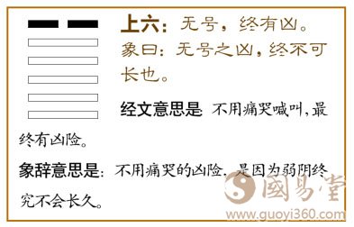 夬卦第六爻，爻辞：上六：无号，终有凶。爻辞释义