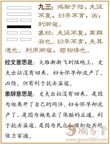 渐卦第三爻，爻辞：九三：鸿渐于陆，夫征不复，妇孕不育，凶；利御宼。