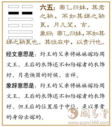 归妹卦第五爻，爻辞：六五：帝乙归妹，其君之袂，不如其娣之袂良；月几望，吉。