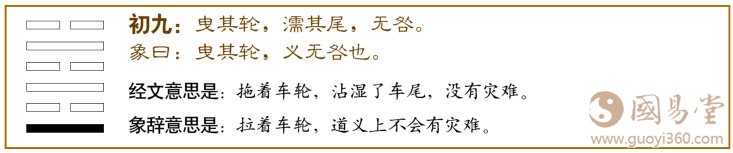 既济卦第一爻，爻辞：初九：曳其轮，濡其尾，无咎。